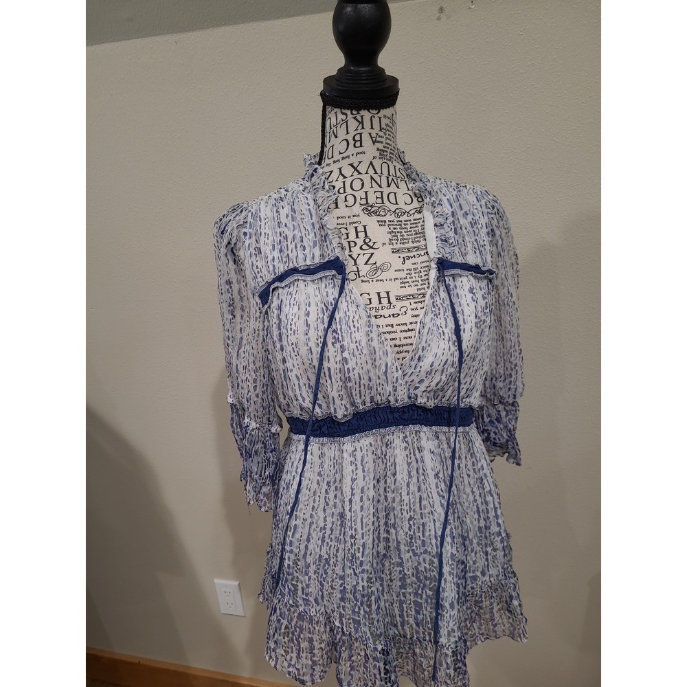 Sundance Silk Sheer blue & white flowy top Women SZ M 3/4 sleeve lined festival